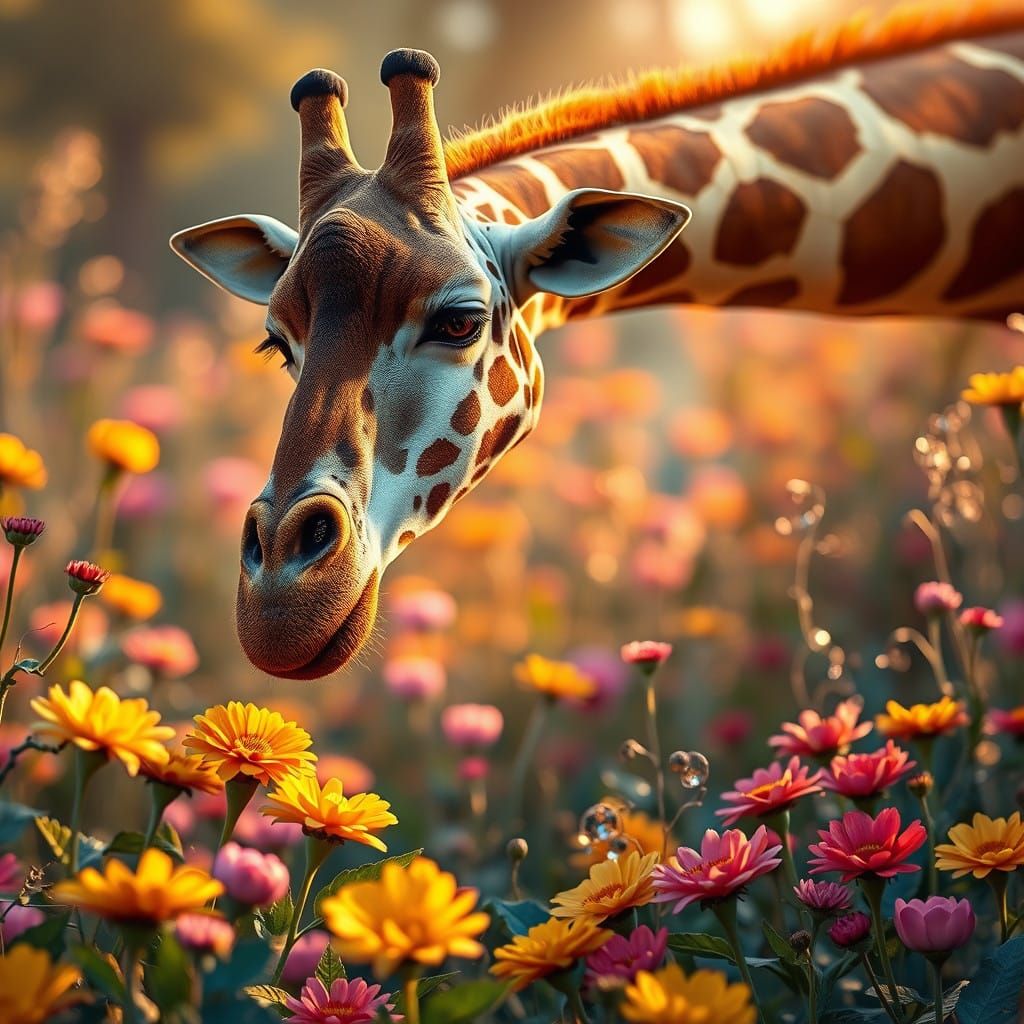 Giraffe in Vibrant Garden