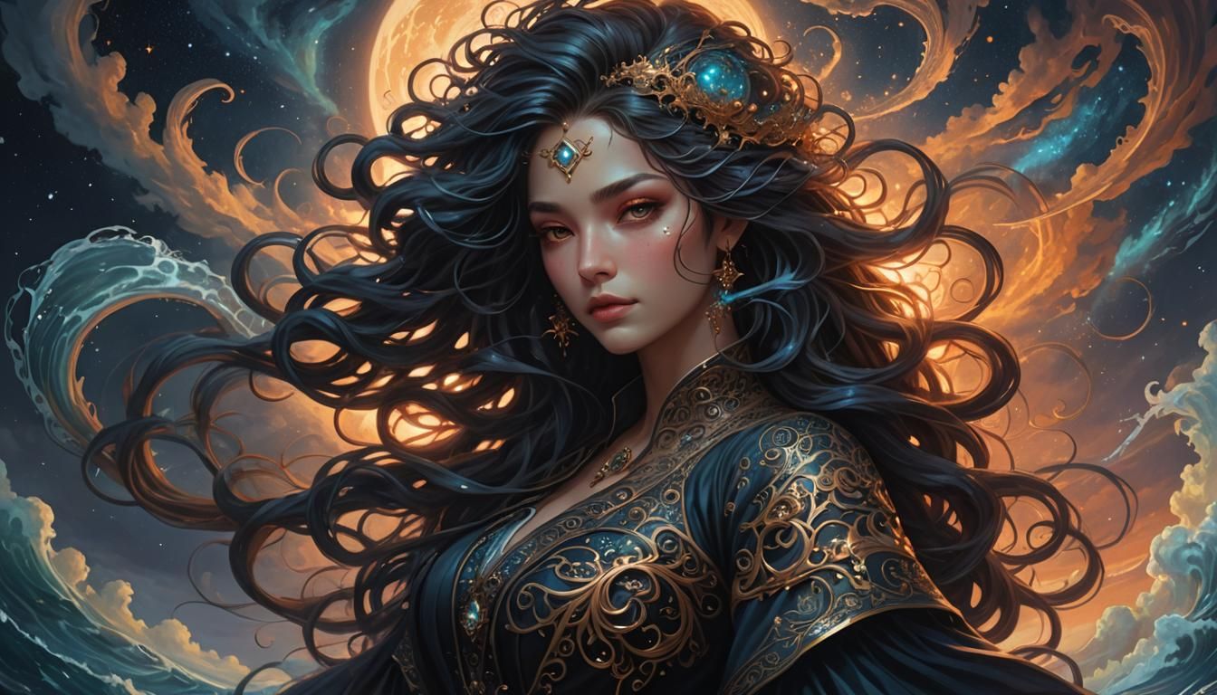Ocean Sorceress in Ornate, Detailed Oil Painting