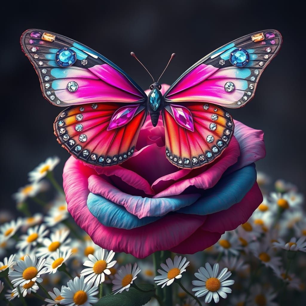 A vivid and enchanting illustration of a captivating butterfly perched atop a multi-colored rose, exhibiting a mesmerizi...