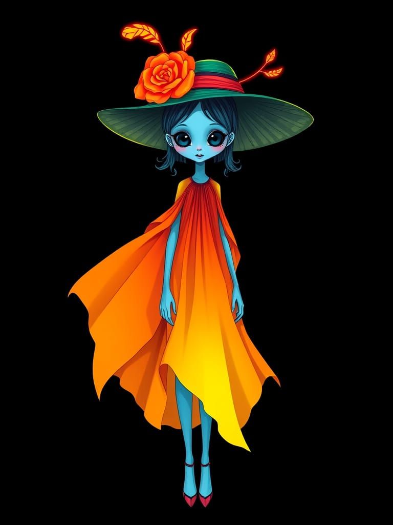 Melancholic Girl with Blue Face and Neon Dress