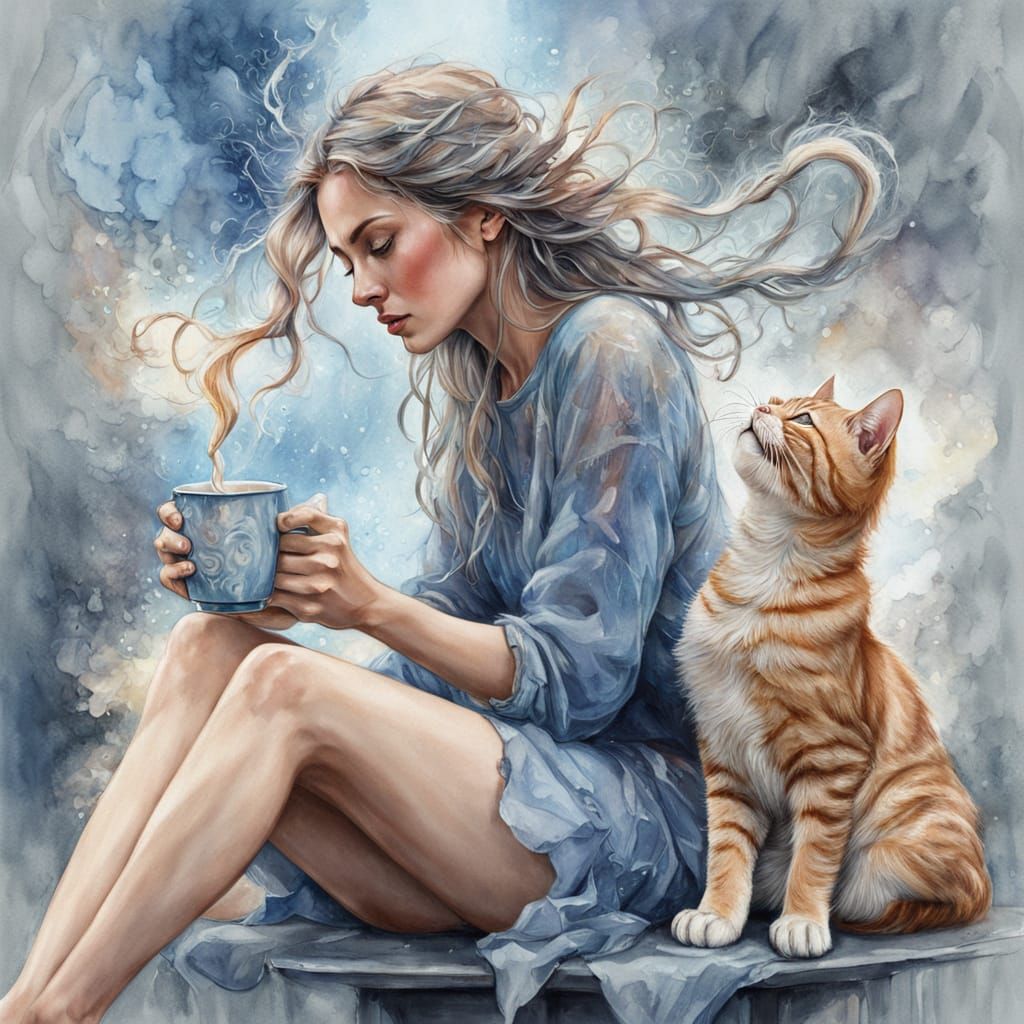 Girl with Cat and Coffee in Watercolor Style