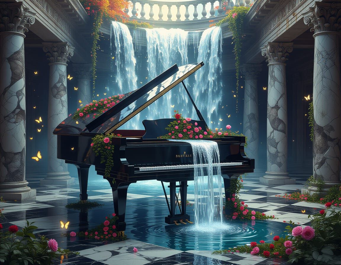 Waterfall Landscape Atop Grand Piano: Fantasy Realism