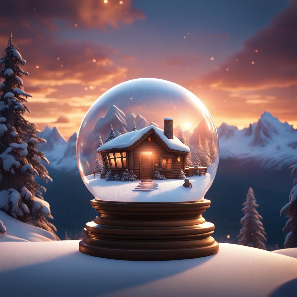 Shaken Snow Globe Mountain Scene in Matte Painting Style