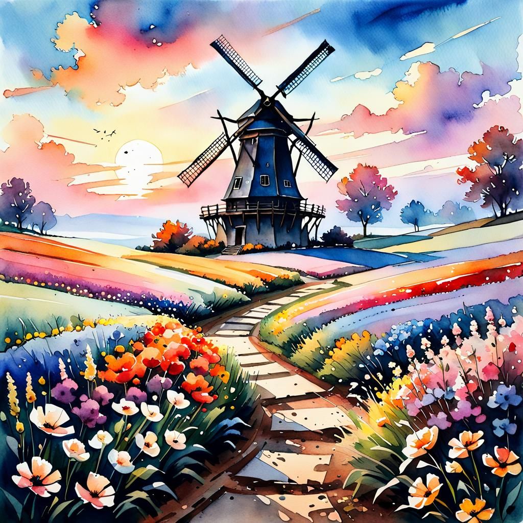 Dreamy Autumn Windmill Amidst Vibrant Flowers in Watercolor