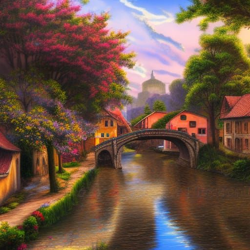 Picturesque Town on River: A Detailed Crayon Drawing