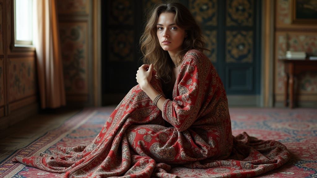 Woman Wrapped in Intricate Persian Carpet