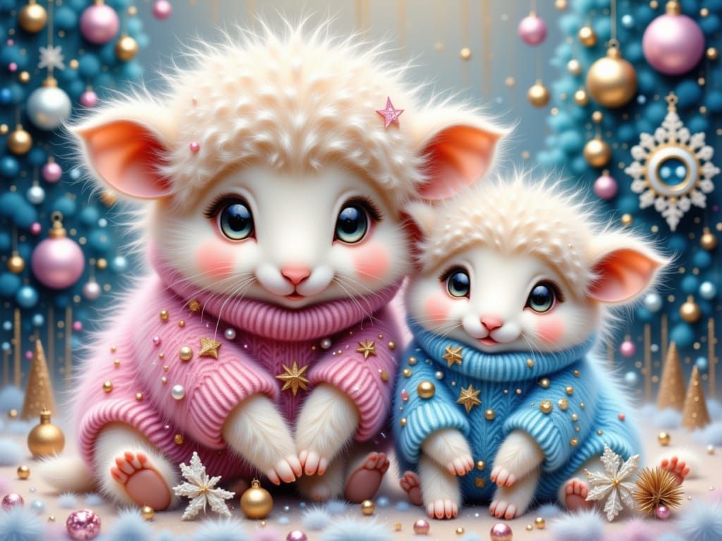Fluffy Lambs in Pastel Christmas Sweaters