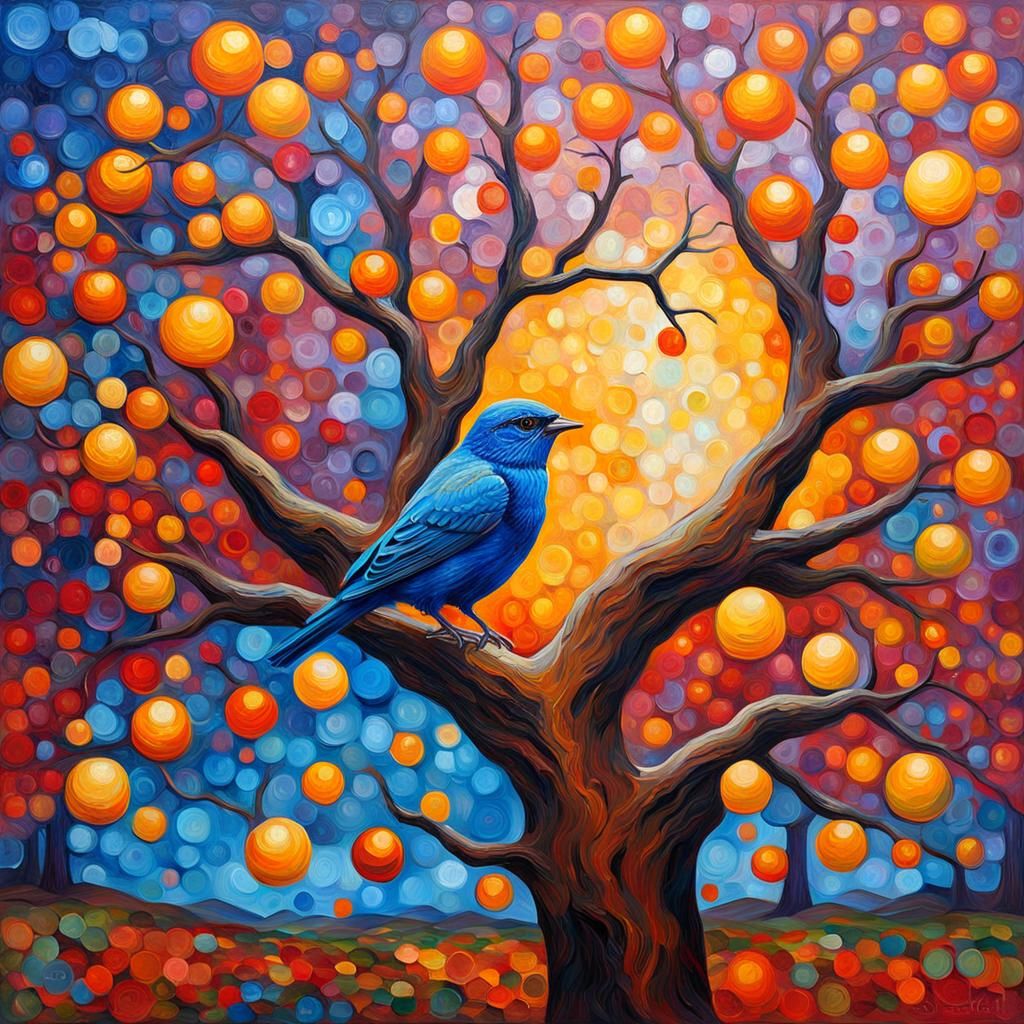 Nightingale Sings on Tree of Eternity as Impasto Painting