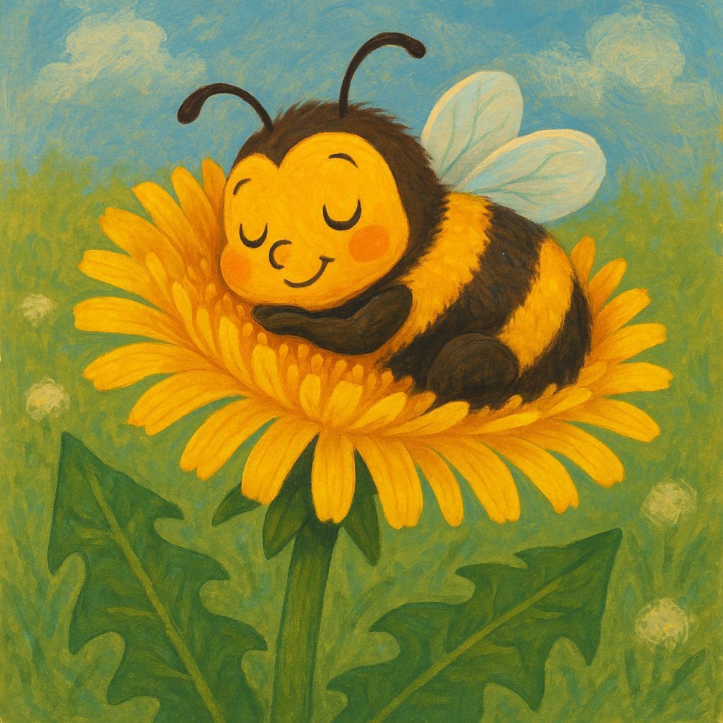 Cartoon Bumblebee Sleeping in Dandelion Flower