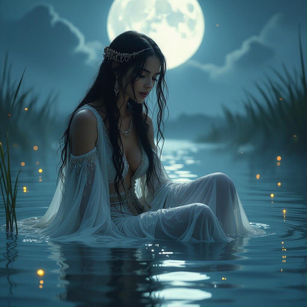 High Priestess in Luminous Lake: Photorealistic Fantasy Art