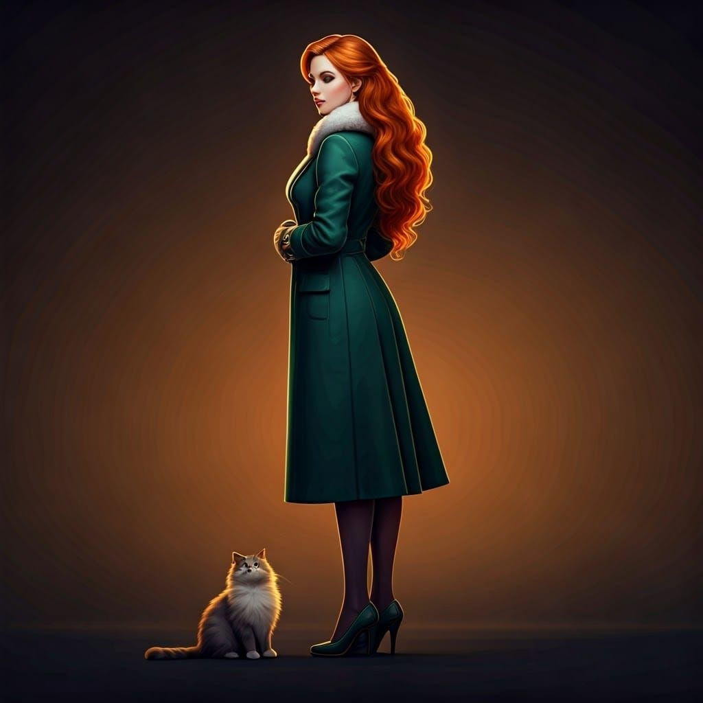 Elegant Woman in Hunter Green Winter Attire, Flanked by a Ca...