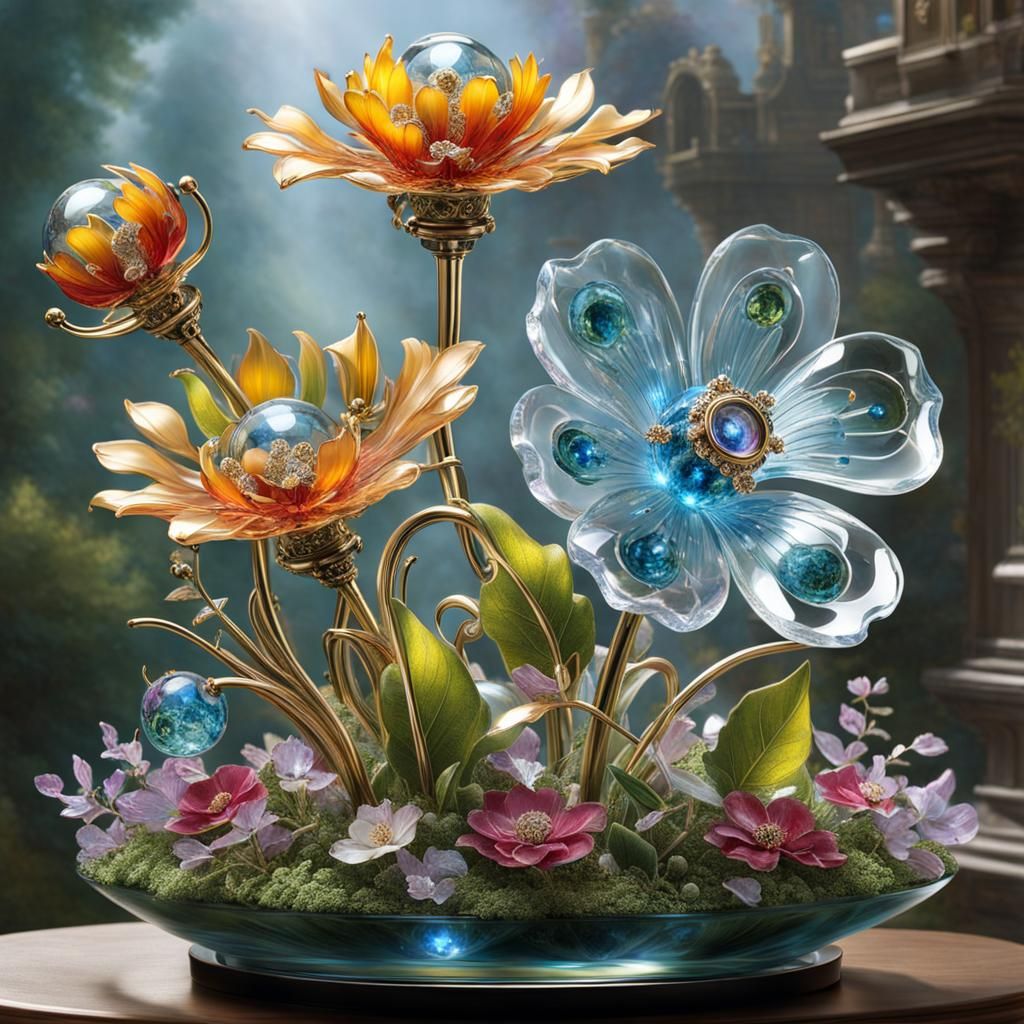 Biomechanical Clockwork Flowers in Glass Crystal Style