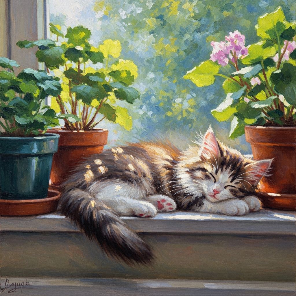 Fluffy Kitten Napping in Sunlit Window