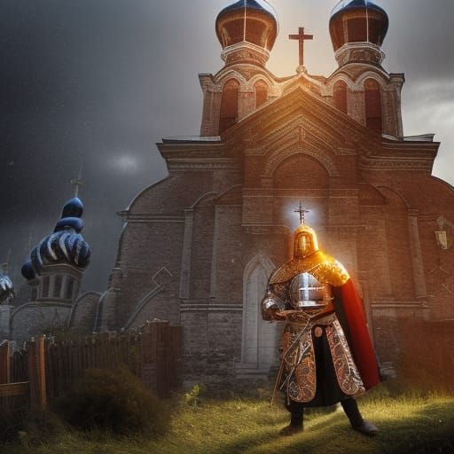 A fantasy paladin in magic armor in front of an orthodox church