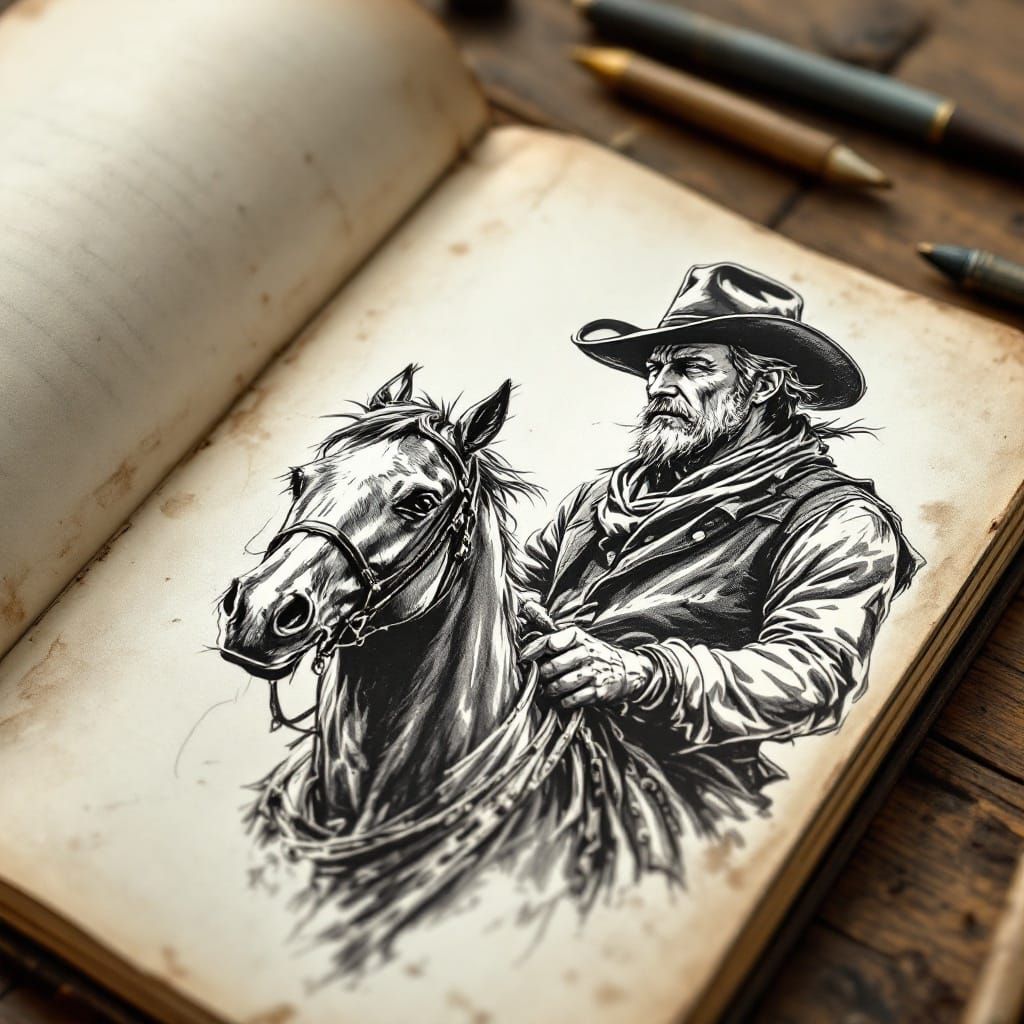 Cowboy Doodle on Notebook Page in Rembrandt Style