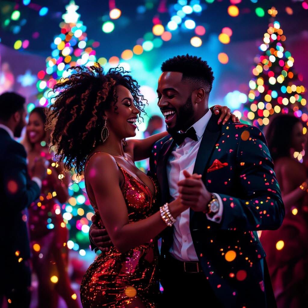 Festive Couple Dancing at Christmas Party in Digital Art Sty...