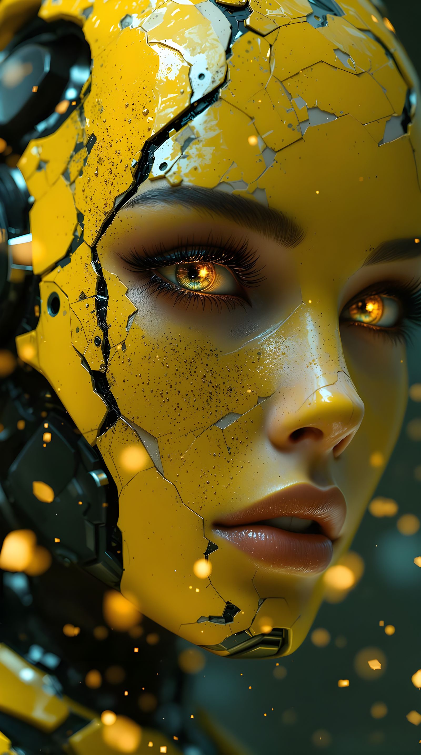Glowing Yellow Robot Head in Futuristic Aesthetic