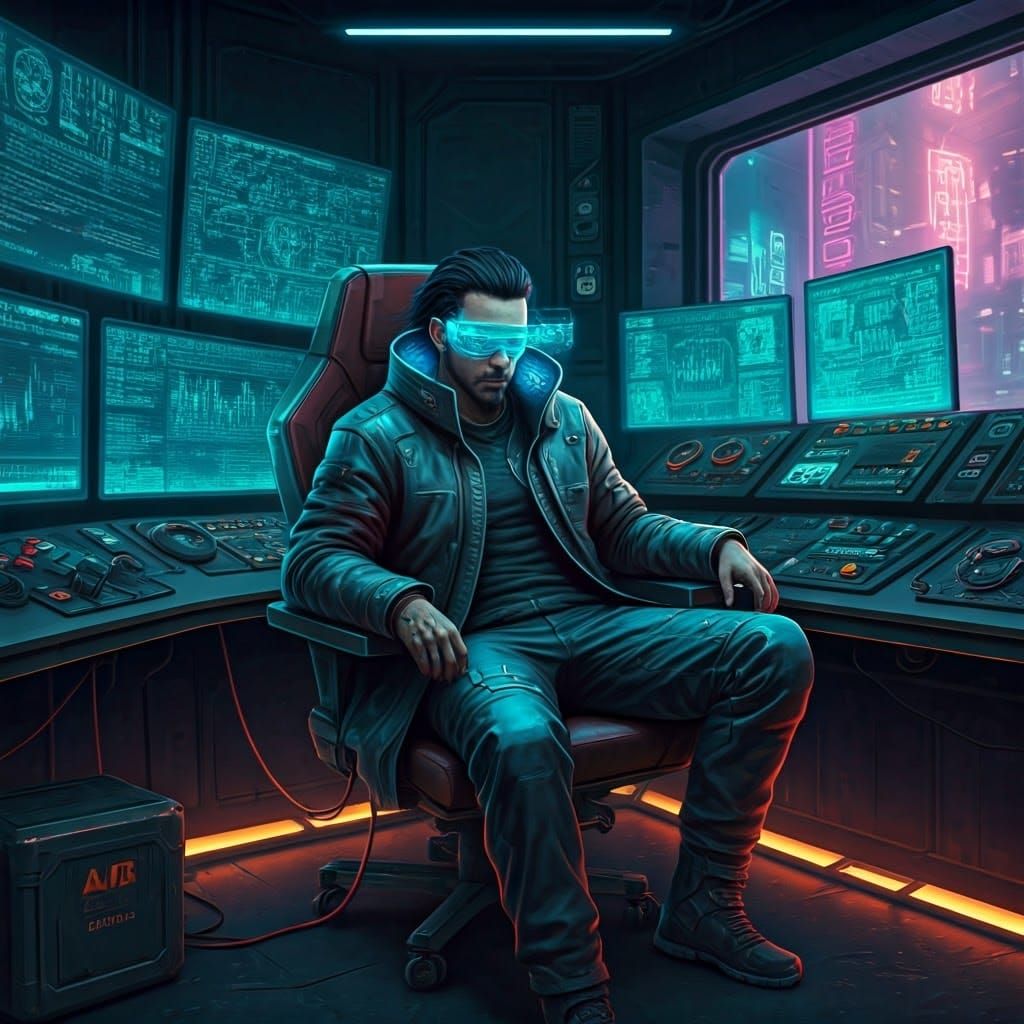 Cyberpunk Netrunner in Neon-Lit Control Room