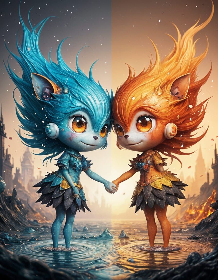 Flame and Water Characters Holding Hands: Concept Art