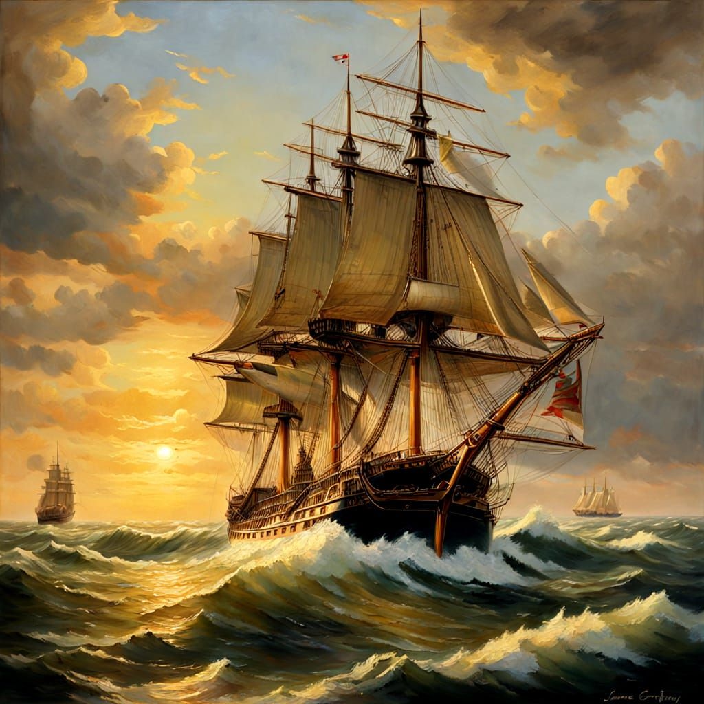 Royal Navy Warships at Sea in Traditional Oil Painting