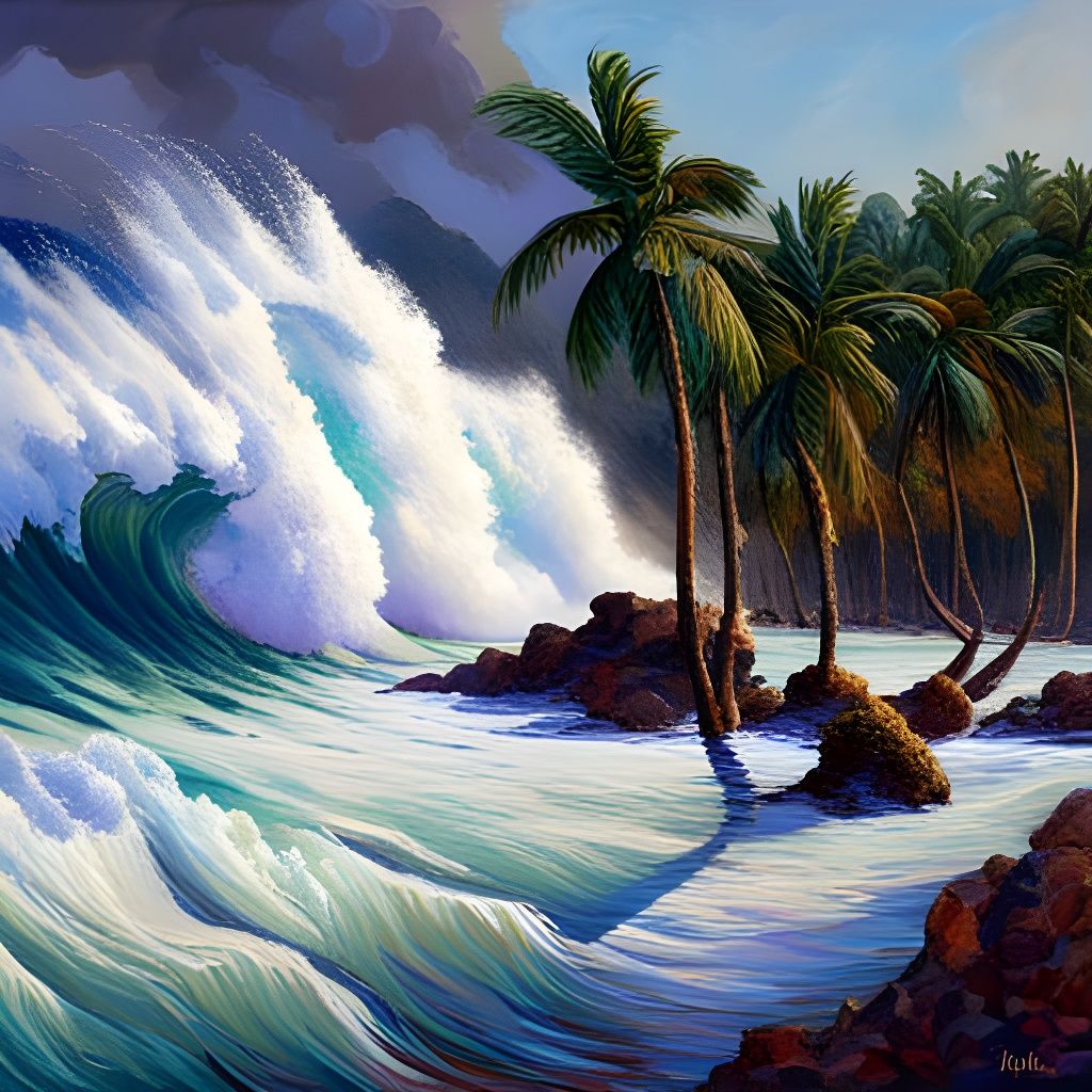 Colossal Tsunami Approaches Beach in Neo-Impressionist Style