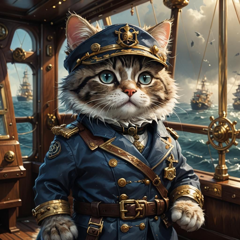 Chibi Cat Captain on Ship in 3D