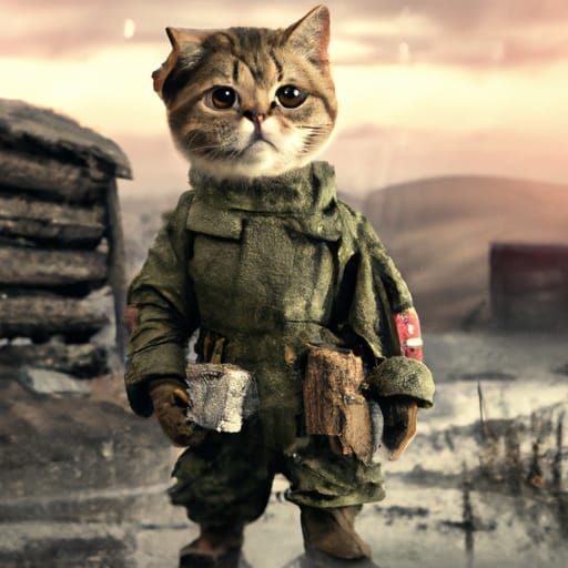 Realistic war hero cat wearing a world war 2 uniform in a gloomy world war 2 battlefield