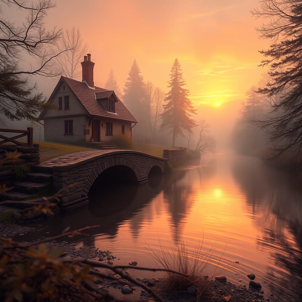 Golden Sunset Glows on Rustic River Cottage