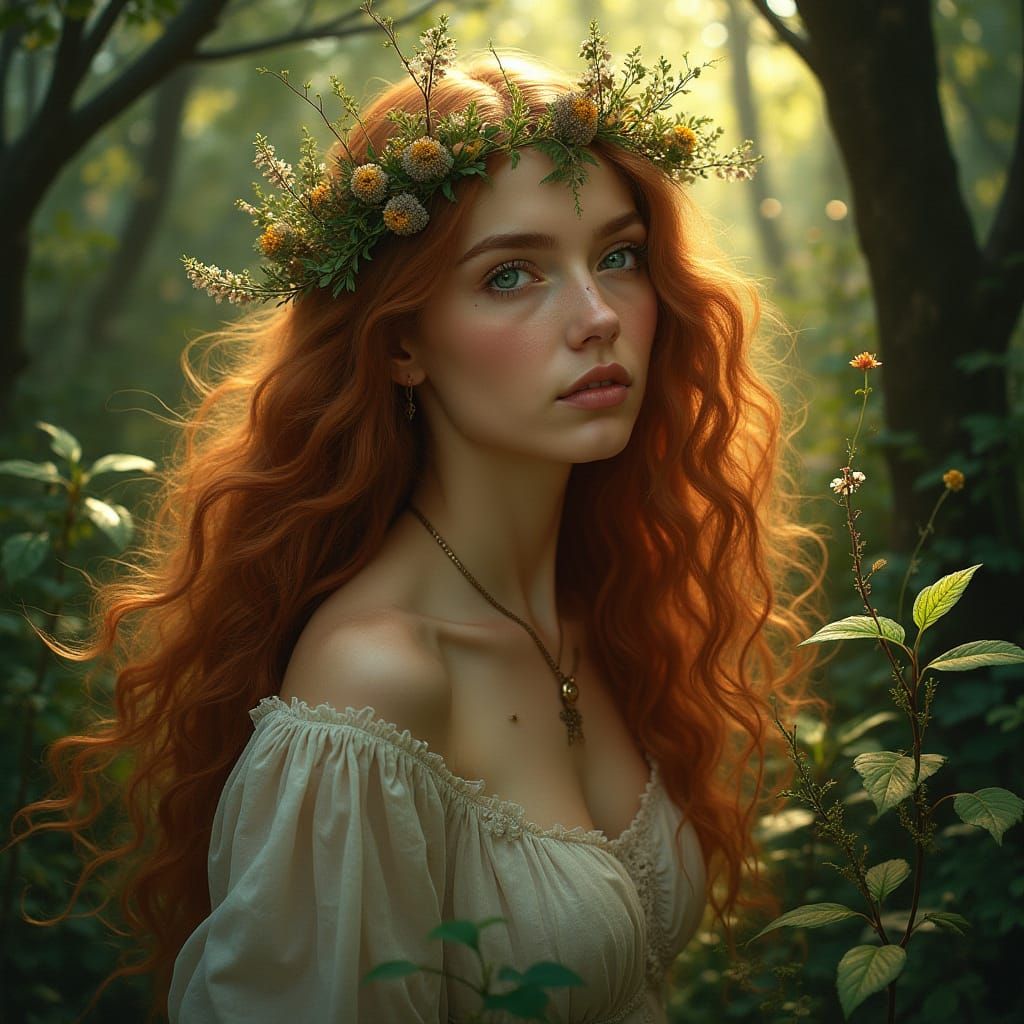 Enchanted Forest Woman Portrait in Pre-Raphaelite Style