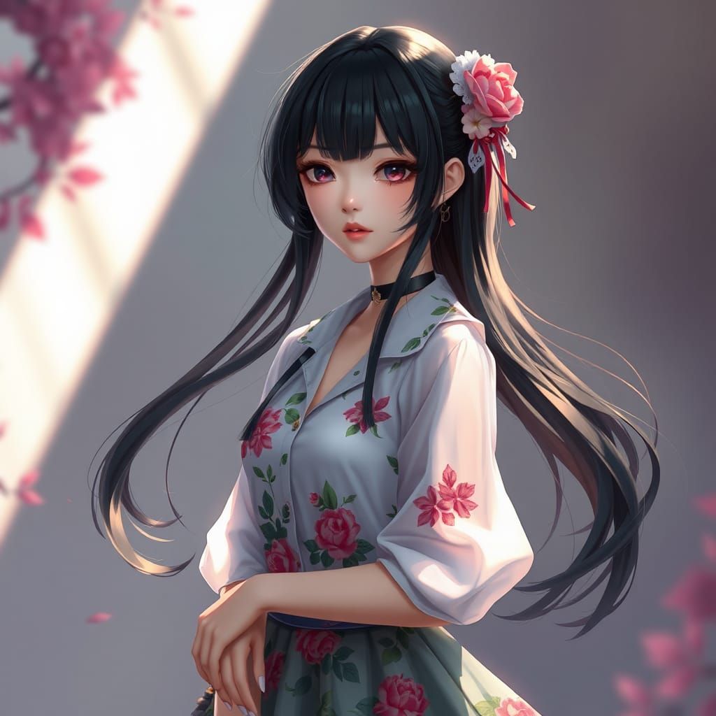 Girl with Black Hair in Floral Dress, Fantasy Art