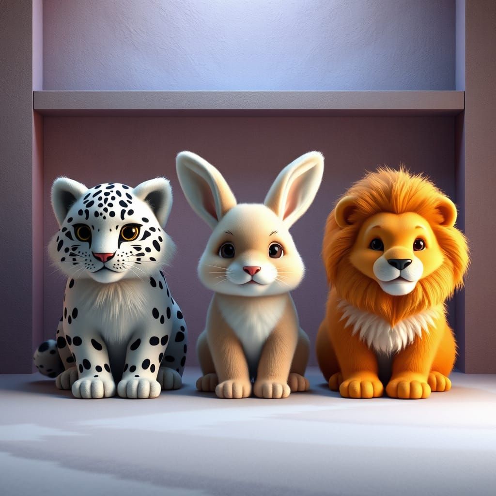A fluffy cube snow leopard, a fluffy cube rabbit,a fluffy cu...