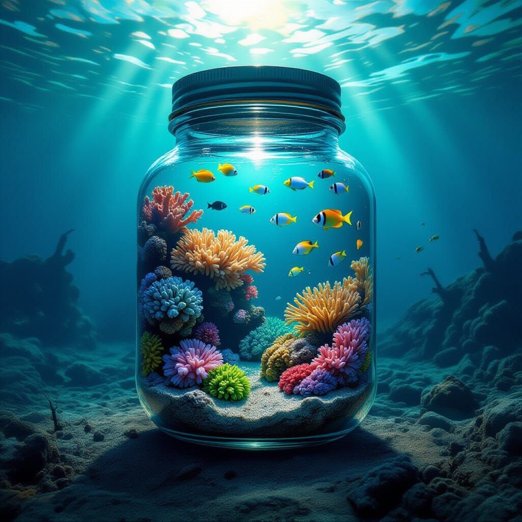 Colorful Coral Ecosystem in Glass Jar