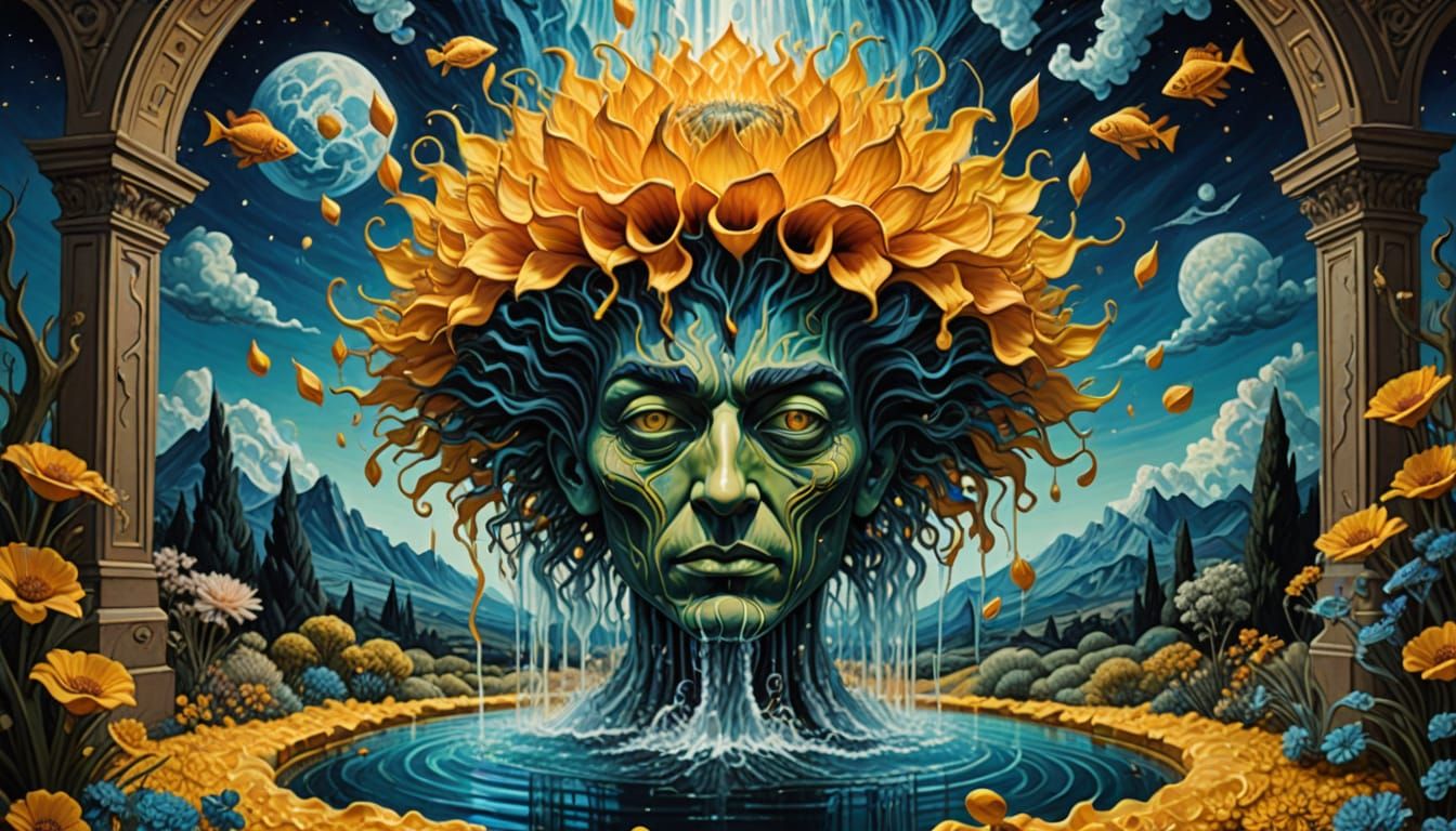 Surreal Fountain in Dreamscape Garden: Hyperrealistic Splash...