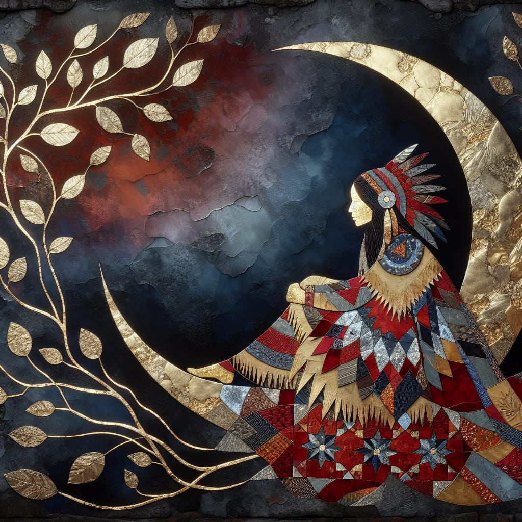 Luxurious Nighttime Scene with Native American Woman in Gold...