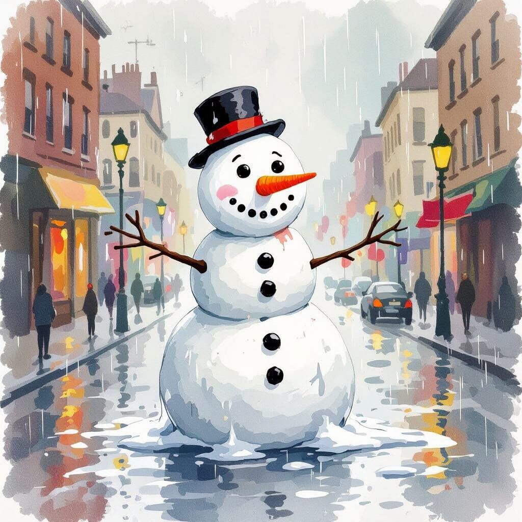 Melting Snowman in Rainy City Street