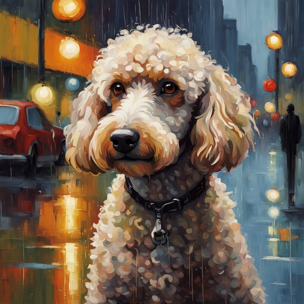 Poodle in Rain: Impressionist Oil Painting with Impasto Text...