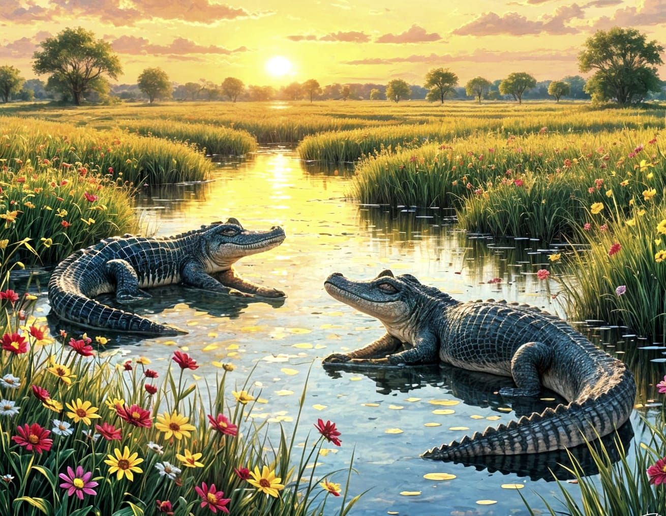 Crocodiles in Meadow at Sunset as Impasto Painting