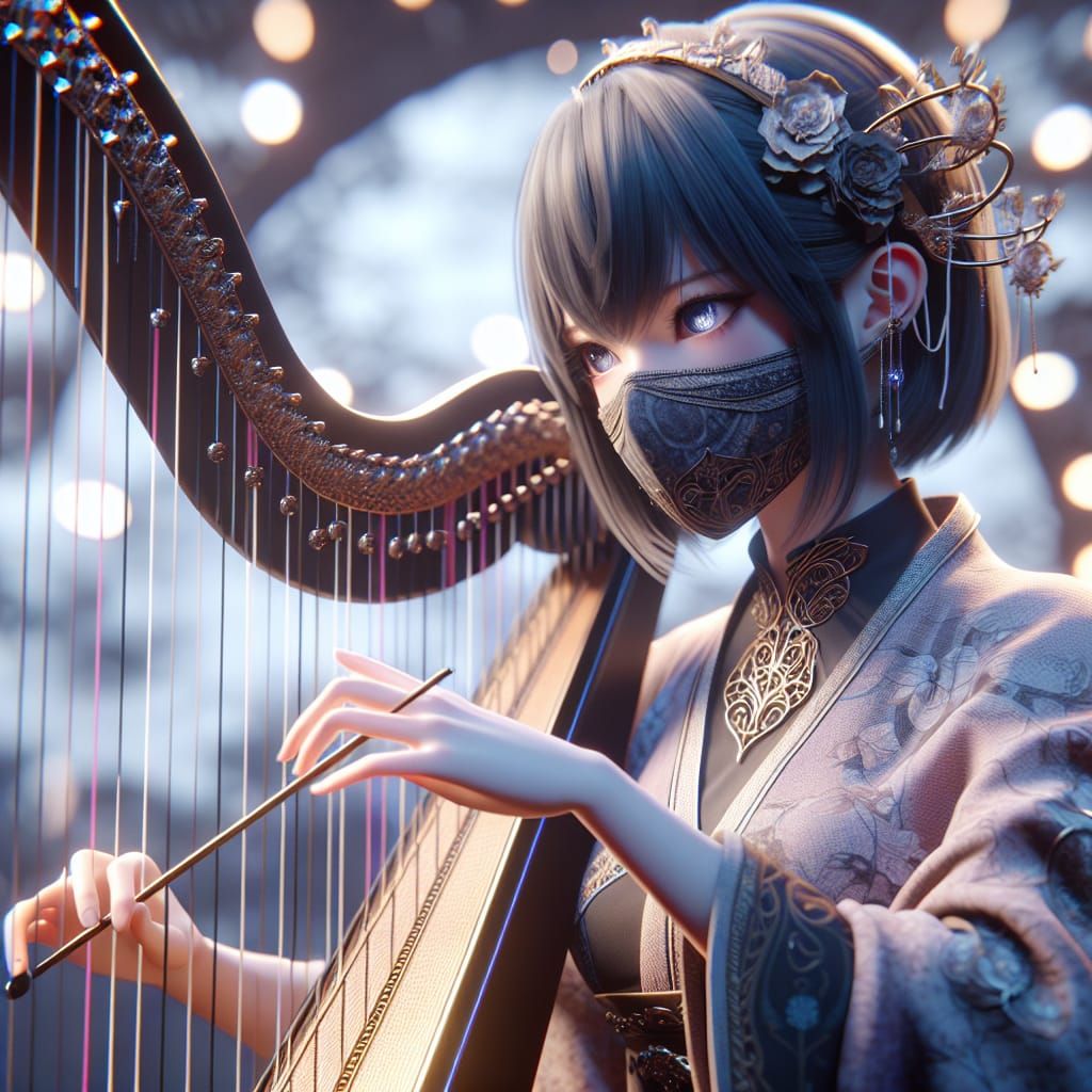 Anime Harpist in Mask: Fantasy Matte Painting