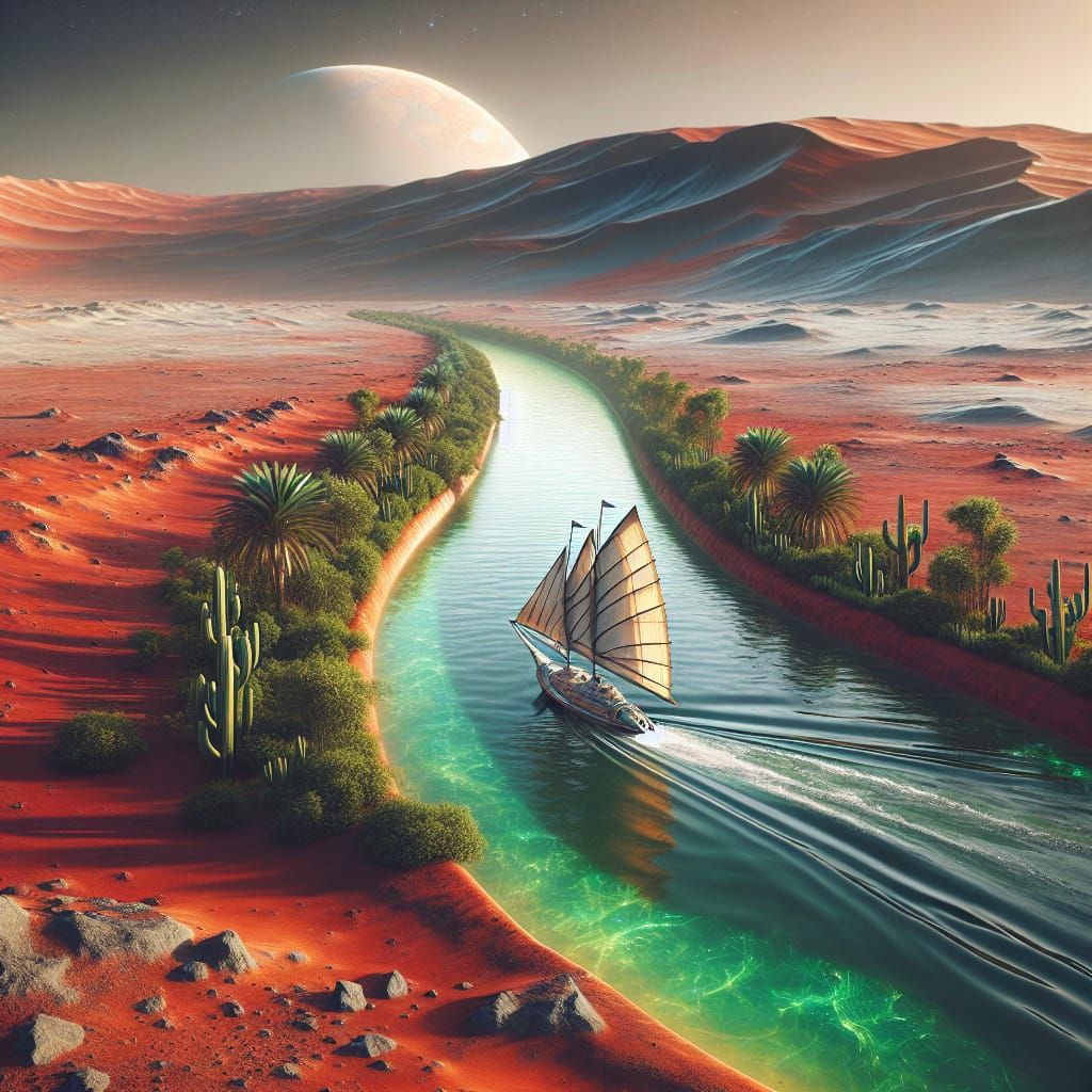 Red Sand Planet with a Glowing Canal and a Sailing Boat