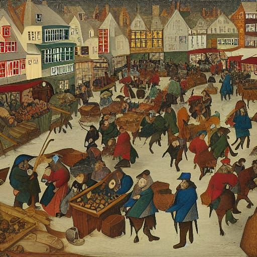 Colour Woodcut print. Peasants at the market