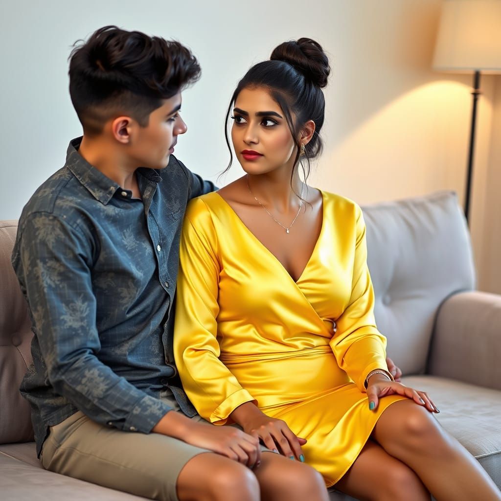 Indian Woman in Yellow Silky Outfit with Serious Expression