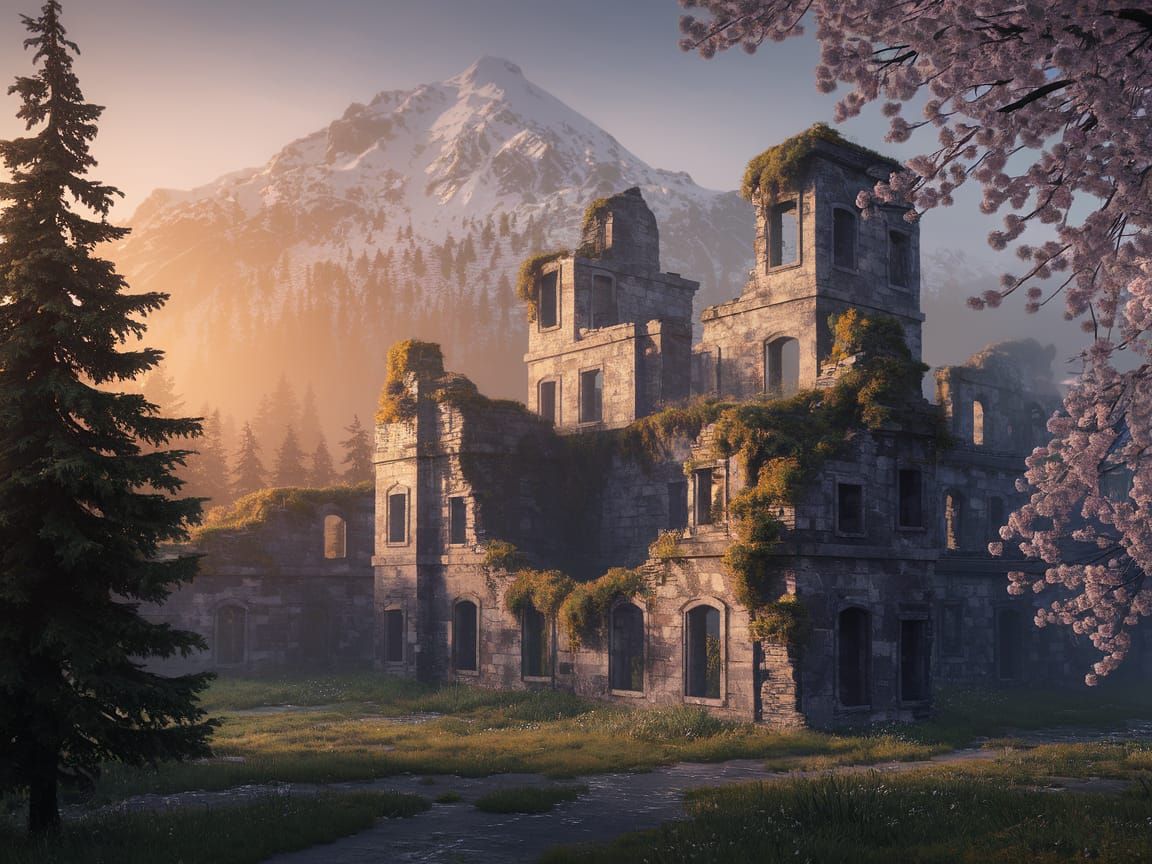 Ethereal Mountain Ruins in Majestic Golden Light