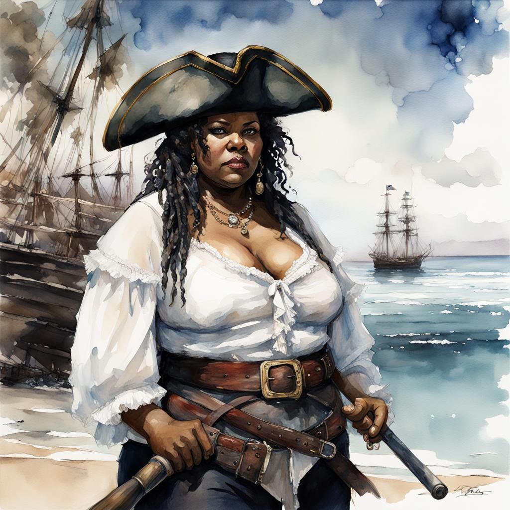 African Pirate Queen on Tropical Island, Watercolor