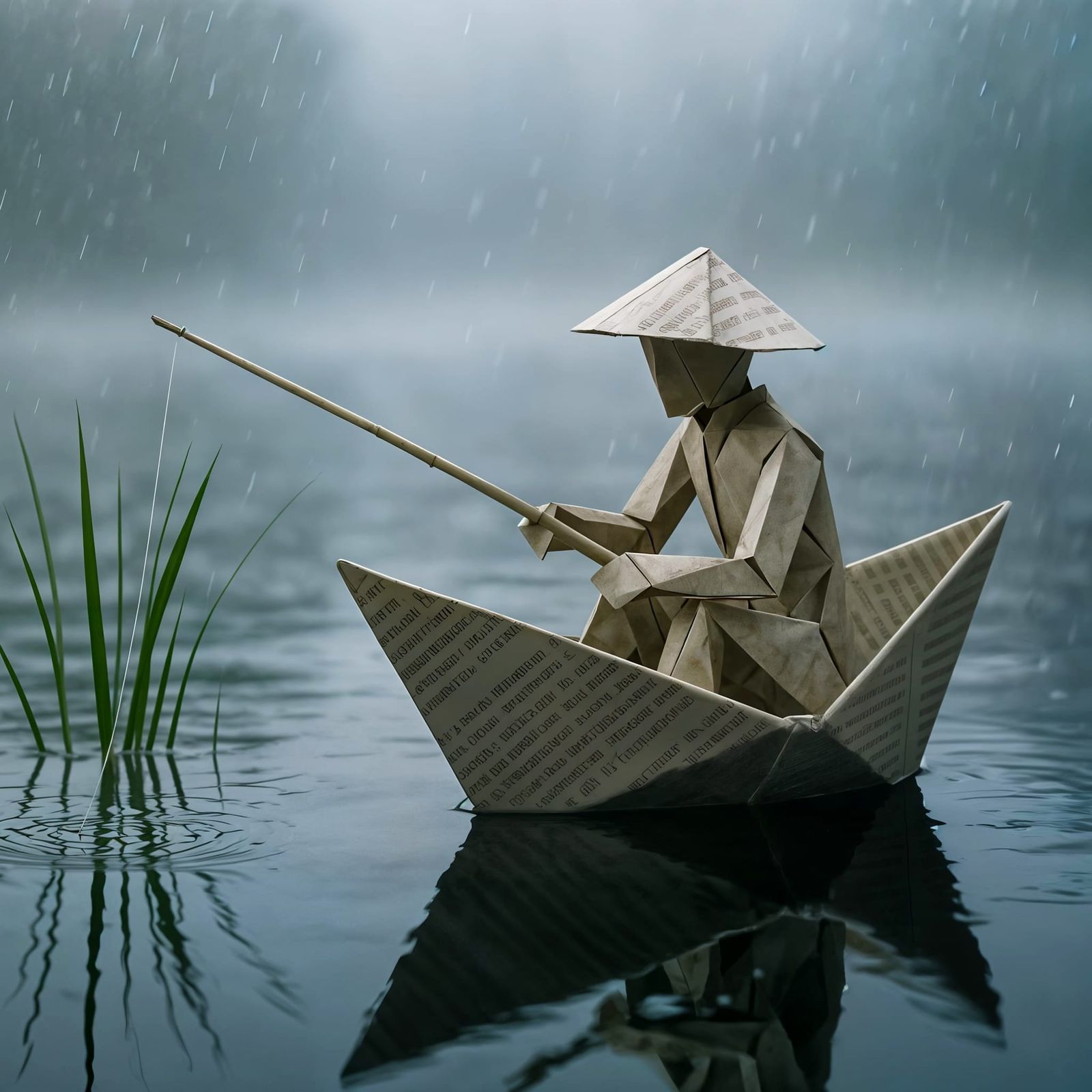 Origami Fisherman in Newspaper Boat on Misty Lake