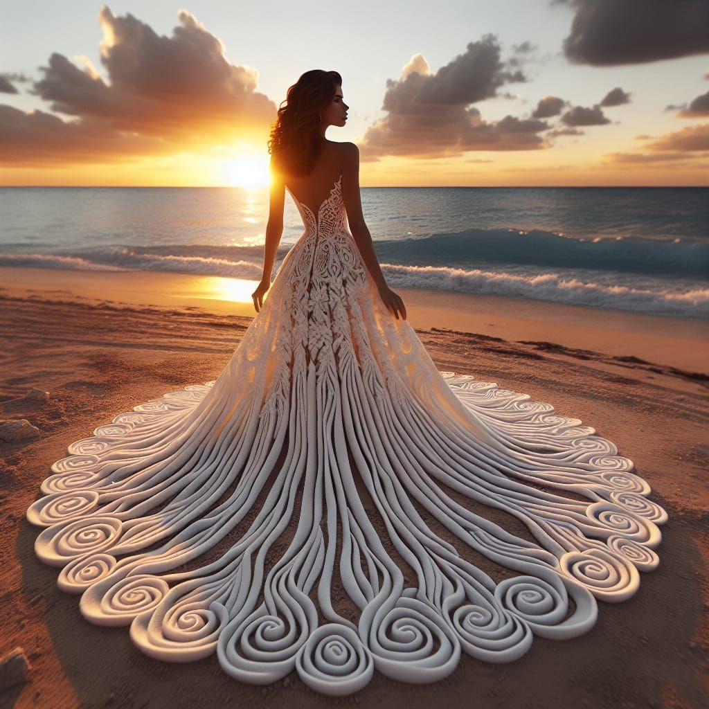 Woman in Wave Dress at Sunset on Beach