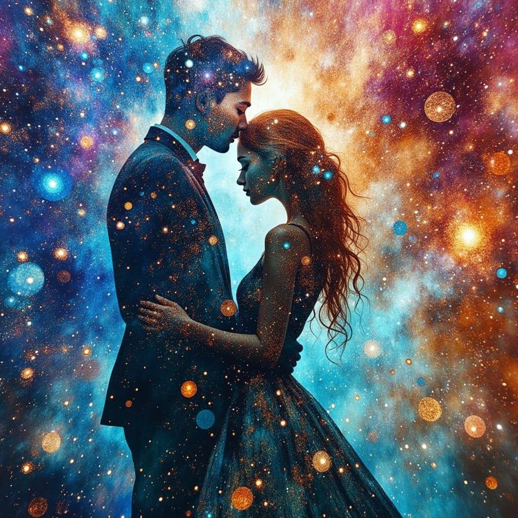 Cosmic Embrace in Textured Impasto Oil and Acrylic