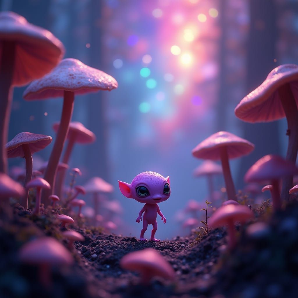 Whimsical Alien in a Vibrant Mushroom Forest