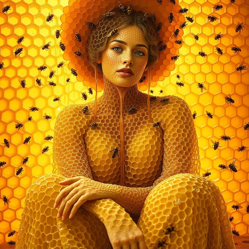 Woman Made of Honeycombs Dissolves into Sweet Delight
