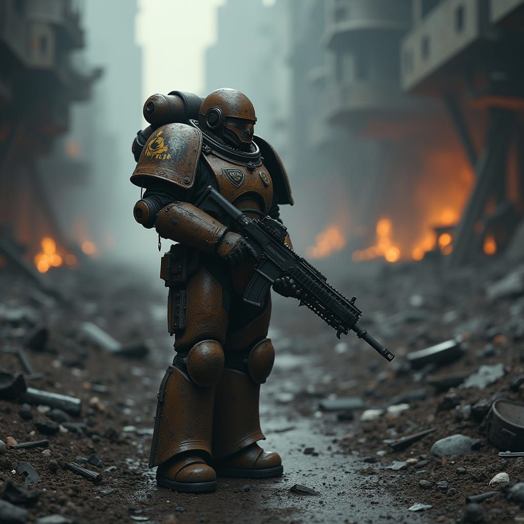 Battered Space Marine Stands Vigilant in Ruined Post-Apocaly...