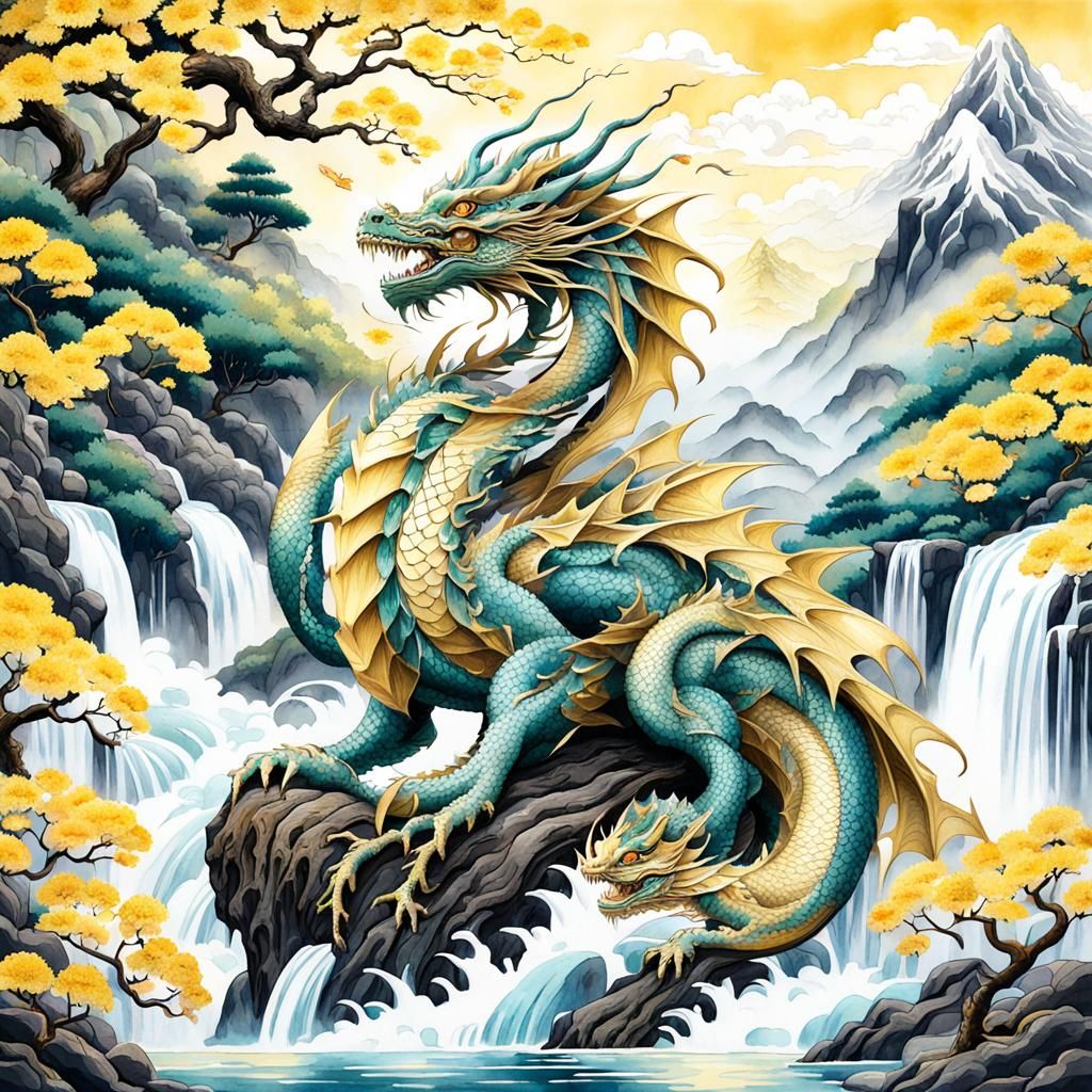 Iridescent Dragon in Japanese Watercolor Style
